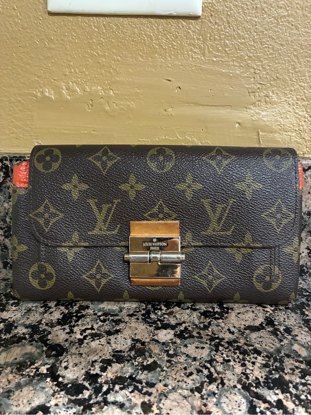 Louis Vuitton Brown Monogram Canvas Clasp Wallet with Orange Accents
